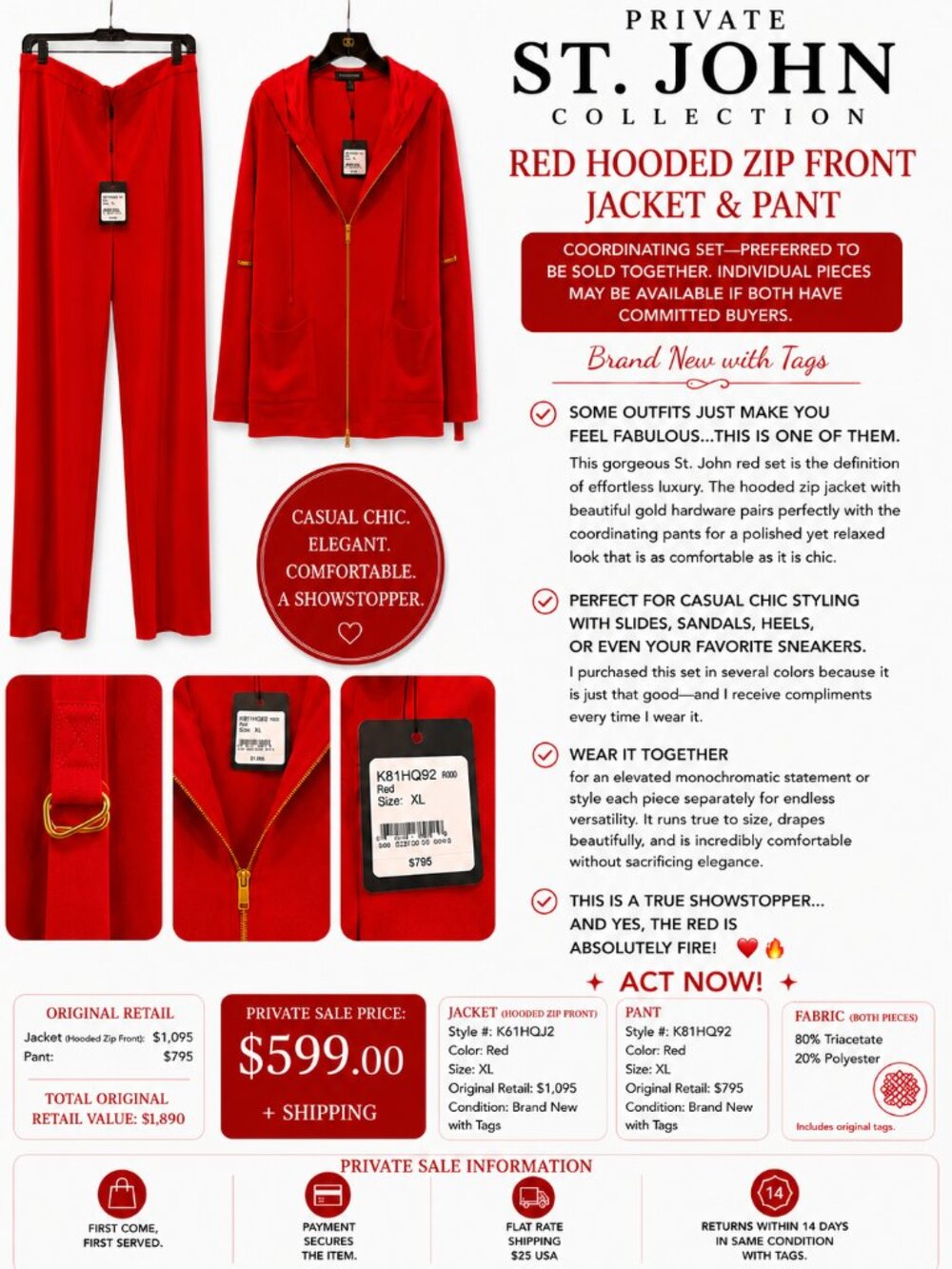 NWT St. John Red Hooded Zip Jacket & Pants Set XL | $1,890 Retail